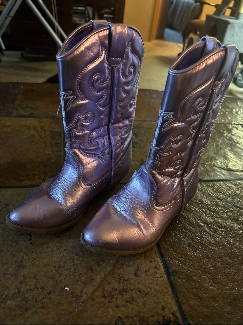 Kids Metallic Purple Western Cowboy Boots - Stylish Pull-On Riding Boots
